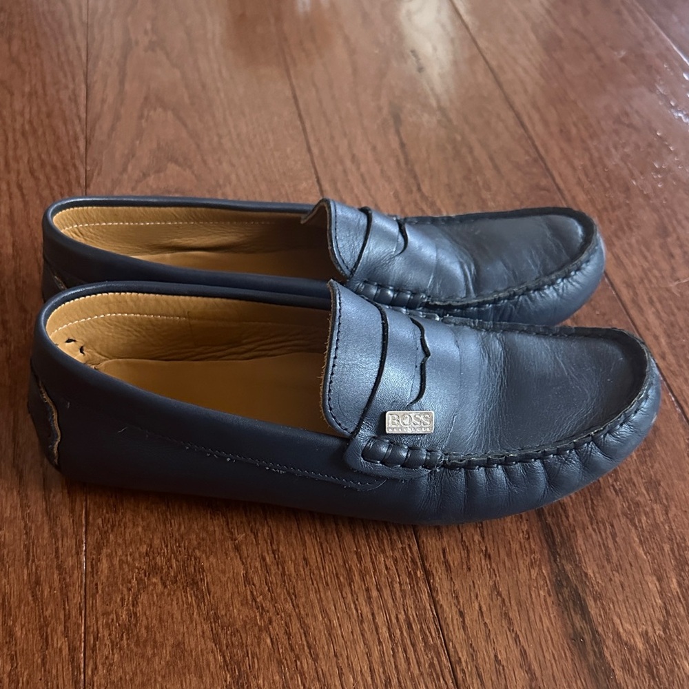 BOSS Boys Dark Blue Leather Penny Loafers